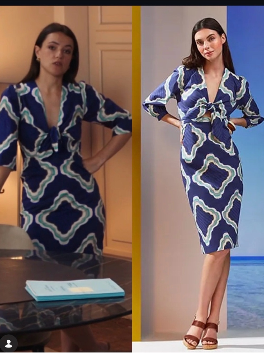 LK Bennett Hetty Colmer Daniela Dress US 8 Blue Geo Tie Front Cutout Mod Retro